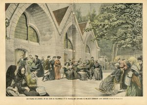 Illustration von Eugene Damblans (1865-1945) in Le Pelerin, 28/08/04 - An den Becken von Lourdes, in diesen Tagen der Wallfahrten und Gebete, bitten Hunderte von Patienten um ihren Krieg - Medizin, Religion Glaube, Architektur Stadtplanung, Katholisch von Eugene Damblans
