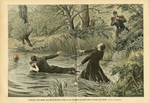 Illustration von Eugene Damblans (1865-1945) in Le Pelerin, 30/07/05 - In Riaucourt (Haute-Marne) sterben zwei Priester, die versuchen, ein ertrunkenes Kind zu retten