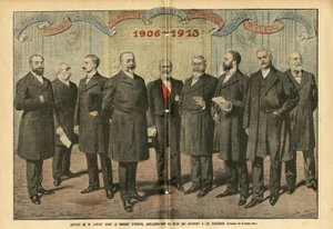 Illustration von Eugene Damblans (1865-1945) in Le Pelerin, 31/12/05 - Um M. Loubet spendet die Semesterenden, einige von denen, die ihn nachfolgen wollen - Wahlen, Präsident der Republik - Combes Emile (1835-1921), Doumer Paul (1857-1932), Rouvier Mauric