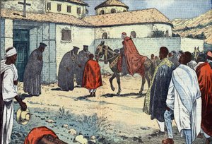 Monsignore Lepicier vom Orden der Diener Mariens, Erzbischof von Tarsus, wurde im koptischen Kloster Debre-Bizen anlässlich eines apostolischen Besuchs in Abessinien (Äthiopien) empfangen. Illustration von Damblans. In „Le Pelerin“ vom 21. August