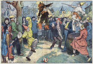 Alte Bräuche: die Verbrennung des „Karnevals“ am Abend des Faschingsdienstags (Mardi-Gras) symbolisiert die Freuden und guten Dinge, die an der Schwelle der Fastenzeit aufgegeben werden. Illustration von Damblans. In „Le Pelerin“ vom 16. März. von Eugene Damblans