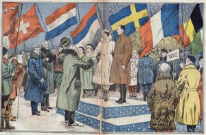 Olympische Winterspiele (1932) - Abschlusszeremonie: Die französischen Eiskunstläufer M. und Frau Brunet Joly (Brunet-Joly), Olympiasieger, werden vom Jury beglückwünscht. Lake Placid, USA. Illustration von Damblans. In „Le Pelerin“ vom 18. März von Eugene Damblans