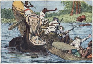 Auf dem Viktoriasee, Afrika, kentert ein Boot mit anglikanischen Missionaren und Einheimischen durch ein verwundetes Nilpferd. Illustration von Damblans. In „Le Pelerin“ vom 16. Mai