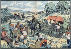 Bevölkerungsmigration in Afrika: 2000 Buren verlassen die portugiesische Kolonie Angola mit Wagen in die fruchtbareren Regionen Südafrikas. Illustration von Damblans in „Le Pelerin“ vom 30. September von Eugene Damblans