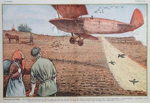 Saatgut aus einem Flugzeug in Sowjetrussland, Illustration für die Zeitschrift 