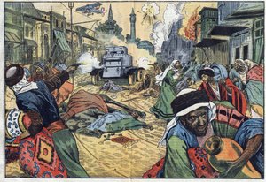 Die Drusen (Druses) plündern die Straßen von Damaskus (Syrien) während des Angriffs auf die Stadt durch Flugzeuge und ein Selbstmaschinengewehr (Selbstmaschinengewehr) der französischen Truppen von General Maurice Sarrail (1856-1929). Illustration von Damb von Eugene Damblans