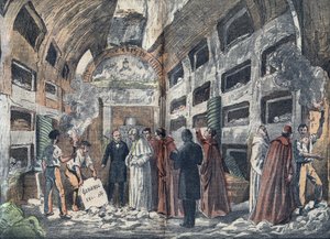 Der Archäologe Giovanni Battista de Rossi (1822-1894) lässt Papst Pius IX. die Krypta der Päpste besuchen, die er gerade entdeckt hat (1852) - Illustration von Damblans in „le-Pelerin“ 1923 von Eugene Damblans