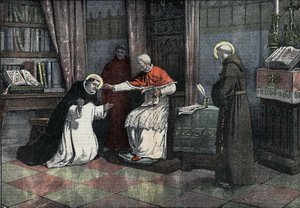 Der Streit um das Heilige Sakrament: Heiliger Thomas von Aquin, Papst Urban IV. und Heiliger Bonaventura. Papst Urban IV., der das Fest Gottes einführte, genehmigt das Offizium des Heiligen Sakraments.