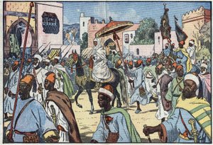 Der neue Sultan von Marokko, Moulay Mohammed, zieht in die Stadt Rabat ein. Illustration von Damblans. In „Le Pelerin“ vom 4. Dezember