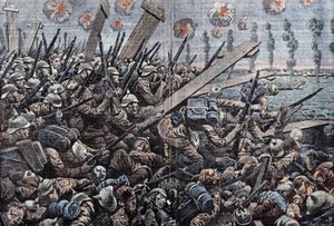 Krieg 1914-1918. Front von Belgien 1914. Deutsche Soldaten an der Yser. Zeichnung von Damblans. von Eugene Damblans
