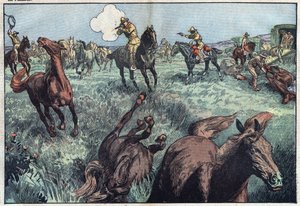 Wilde Pferde werden in den Vereinigten Staaten geschlachtet. Illustration von Damblans. In „Le Pelerin“ vom 31. Januar.