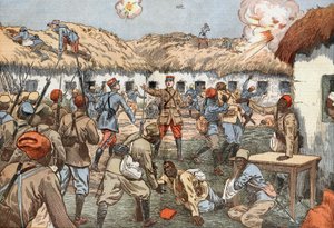 In Aoulay (Marokko) verwundeter Hauptmann Duboin mit senegalesischen Infanteristen, die 22 Tage bis zur Rettung Widerstand leisteten, Zeichnung von Damblans aus der französischen Zeitung "Le Pelerin" vom 7. Juni