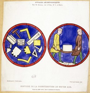 Geschichte des Baus im Mittelalter: Faksimile von Glasfenstern aus dem 13. Jahrhundert, in der Kathedrale von Chartres - Zeichnung von Eugene Viollet-le-Duc (Viollet le Duc) (1814-1879) und mit mehreren maurerischen Symbolen von Eugene Emmanuel (after) Viollet le Duc