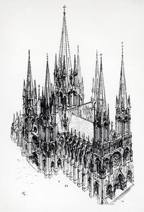 Isometrische Ansicht einer idealen Kathedrale, Zeichnung von Eugène Emmanuel Viollet-le-Duc aus dem Wörterbuch der französischen Architektur vom 11. bis 16. Jahrhundert