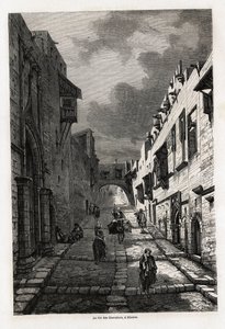 Die Ritterstraße in Rhodos, Zeichnung von Eugene Flandin, zur Illustration seiner Reise zur Insel Rhodos im Jahr 1844. Gravur in Le Tour du Monde, herausgegeben von Edouard Charton