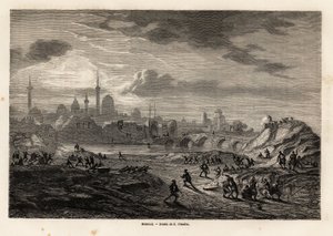 Ansicht von Mosul (Irak), am Ufer des Tigris, Zeichnung von Eugene Flandin, zur Illustration der Expedition nach Ninive, von 1844 bis 1860, von Vivian de Saint Martin. Gravur in Le Tour du Monde, herausgegeben von Edouard Charton