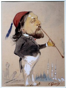 Porträt von Theophile Gautier (1811-1872), rauchend seine Chibouk. Zeichnung und Aquarell von Eugene Giraud (1806-1881) 1862 Paris, B.N.