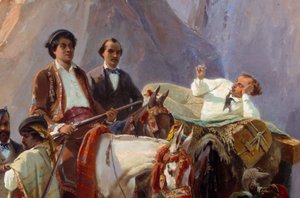 Erinnerung an die Reise von Paris nach Cadiz im Jahr 1846 von Alexandre Dumas und seinen Freunden. Darstellung von Alexandre Dumas, Vater und Sohn, Louis Boulanger, Eugene Giraud, A. Maquet und Desbarolles. (Detail)