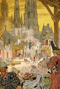 Darstellung eines Mysteriums im Kirchhof der Kathedrale, Illustration für Notre-Dame de Paris von Victor Hugo (1802-1885)