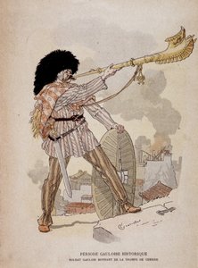 Gallischer Soldat, der das Kriegshorn (Carnyx) bläst - in „Illustrierte Lehrhefte, Kriegskostüme der Bronzezeit und der gallischen Zeit“, ed. Grasset von Eugene Grasset