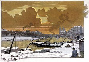 Paris, Lastkähne im Schnee an der Pont de Sully, ca. 1905 von Eugene Grasset