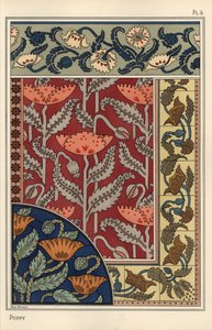 Der Mohn, Papaver somniferum, in Buntglas, Tapeten, Stoff- und Fliesenmustern. Lithographie von Marc Mangin von Eugene Grasset