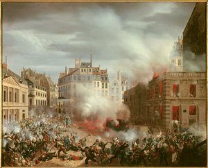 Revolution von 1848: „Brand des Wasserturms am Platz des Königspalastes am 24. Februar 1848“. Gemälde von Eugene Hagnauer