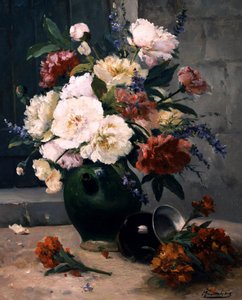 Stillleben mit Pfingstrosen und Levkojen. Gemälde von Eugene Henri Cauchois (1850-1911) Privatsammlung.