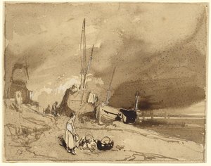 Strandrand (Fischerboote am Strand, Sturmwolken in der Ferne) von Eugene Isabey