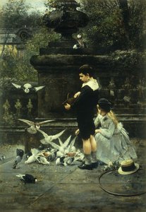 Tauben füttern, 1887 von Eugene Joors