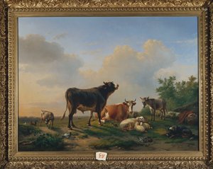 Ein Stier, eine Kuh, ein Esel, eine Ziege, Schafe und Geflügel in einer weiten Landschaft, 1849 von Eugene Joseph Verboeckhoven