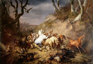 Hungrige Wölfe greifen eine Gruppe von Reitern an