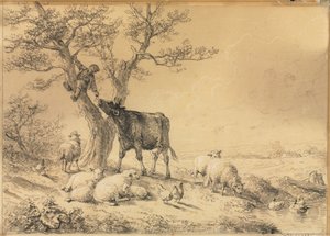 Landschaft mit Tieren und Junge im Baum von Eugene Joseph Verboeckhoven