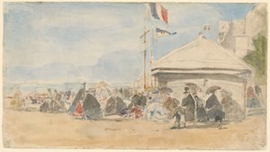 Strandhaus mit Fahnen in Trouville, ca. 1865 von Eugene Louis Boudin