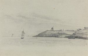 Küstenlandschaft mit Schiffen, Windmühle in der Ferne von Eugene Louis Boudin