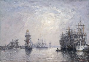 Le Havre, Eure-Becken, Segelboote vor Anker, Sonnenuntergang, 1870