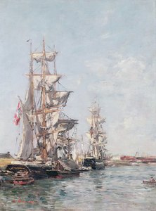 Dreimastboote am Kai im Hafen von Deauville, ca. 1888-89