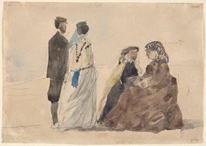 Zwei sitzende Damen und ein Paar, das am Strand spazieren geht, ca. 1866 von Eugene Louis Boudin