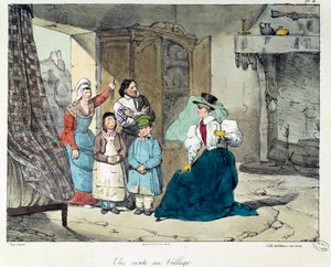 Ein Besuch im Dorf. Eine reiche Frau besucht eine arme Familie. Illustration aus dem Buch „La vie de château“. Gravur von Eugene Louis Lami (1800-1890) von Eugene Louis Lami