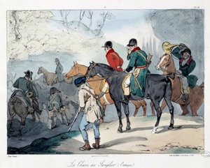 Wildschweinjagd. Illustration des Buches „La vie de château“. Gravur von Eugène Louis Lami (1800-1890) von Eugene Louis Lami