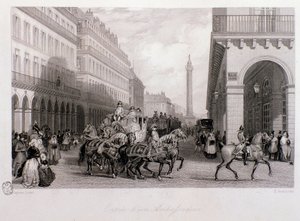 Kortege eines Botschafters auf dem Place de la Bourse bei seiner Ankunft in Paris. Stich von Eugène Louis Lami (1800-1890) 1843 Privatbesitz