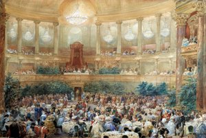 Dinner von Napoleon III. für Königin Victoria im Opernsaal von Versailles am 25. August von Eugene Louis Lami