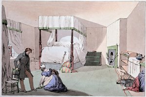 Gasthaus: Ein Diener hilft einem Kunden beim Anziehen der Schuhe. Illustration von Eugene Louis Lami (1800-1890), Mitte des 19. Jahrhunderts von Eugene Louis Lami