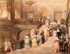 König Louis Philippe I. (1773 - 1850) und Königin Marie Amélie de Bourbon (1782 - 1866) empfingen die Gäste anlässlich der Eröffnung des Museums von Versailles im Jahr 1837. Illustration von Eugène Lami (1800 - 1890) von Eugene Louis Lami