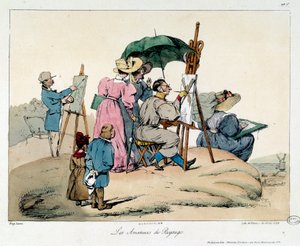 Landschaftsliebhaber. Präsentierte Maler versammeln sich, um eine maritime Landschaft zu malen. Illustration aus dem Buch La Vie de Château von Eugene Louis Lami