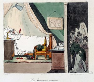 Nächtlicher Spaß. Kinder erschrecken eine Person, die im Bett liest. Illustration des Buches „La vie de chateau“. Gravur von Eugene Louis Lami (1800-1890). von Eugene Louis Lami