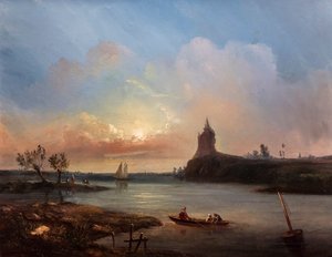 Ansicht einer Mündung mit Fischern und einem imaginären Schloss