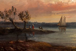 Blick auf eine Mündung mit Fischern und einem imaginären Schloss
