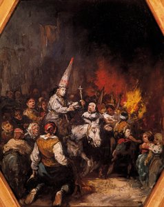 Verdammte durch die Inquisition. Die Verurteilten tragen Capirote-Kopfbedeckungen, spitze Hüte in Form eines Kegels. Gemälde von Eugenio Lucas Velazquez (1817-1870), ca. 1862. Prado-Museum, Madrid