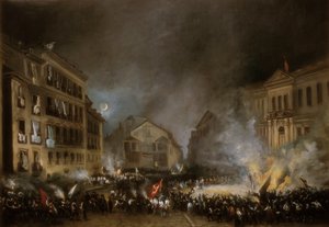Episode der Revolution von 1854 an der Puerta del Sol in Madrid